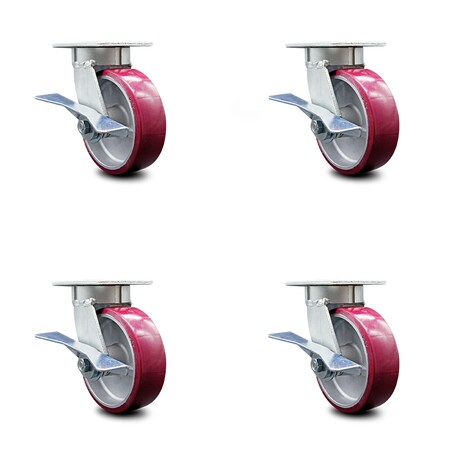 6 Inch Kingpinless Poly on Aluminum Wheel Caster Brakes 2 Swivel Locks SCC 4PK